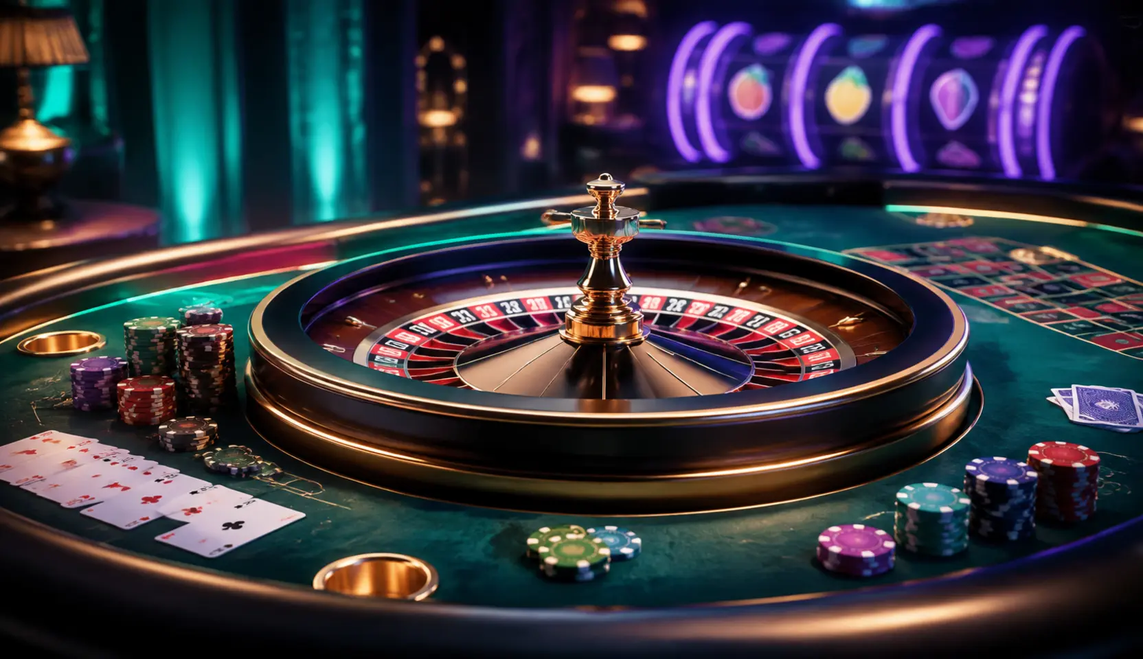 Meja roulette dan elemen permainan kasino dalam suasana editorial
