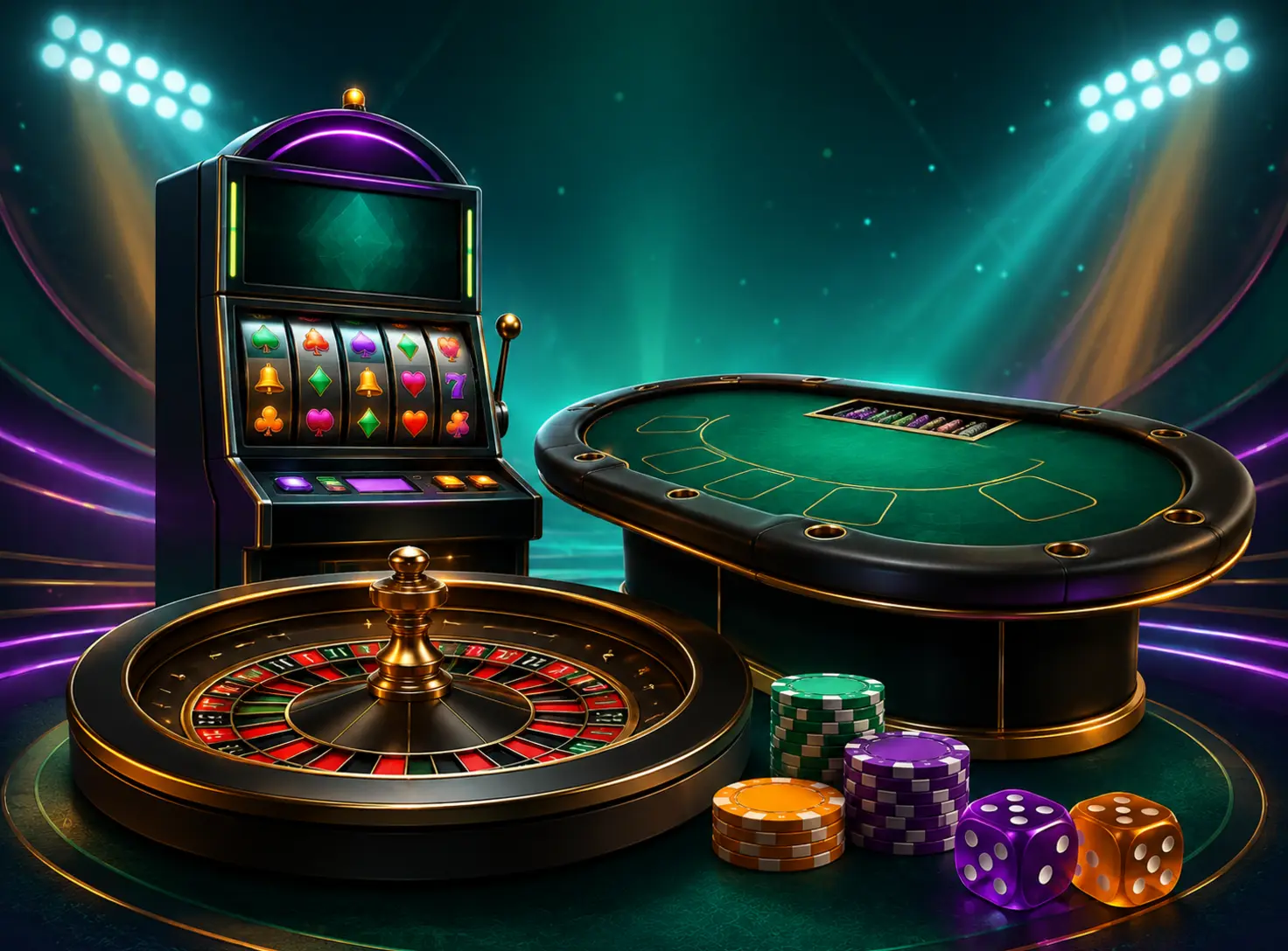 Ilustrasi editorial slot, roulette, meja kartu dan dadu